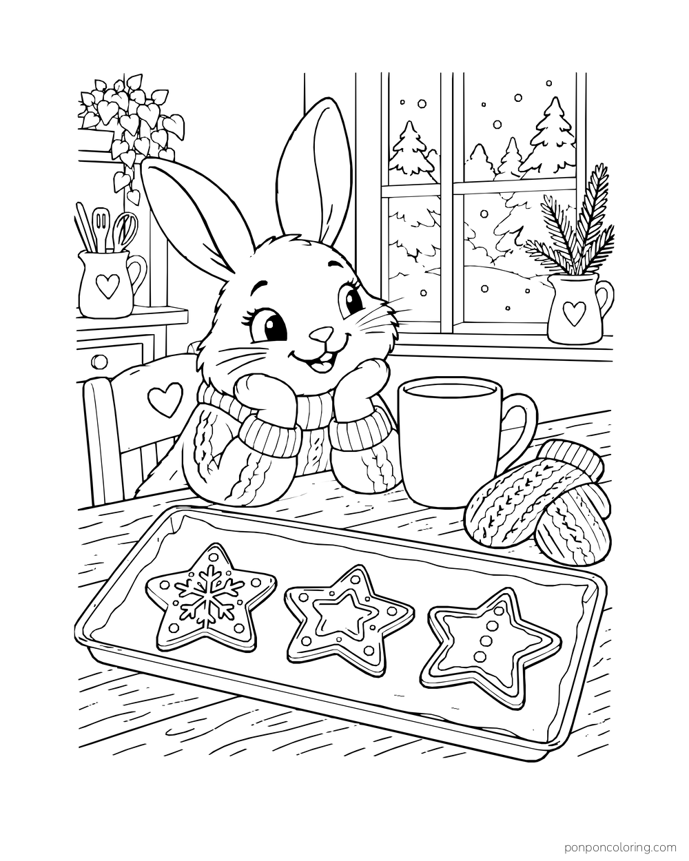 A rabbit in cozy winter clothes sits beside a tray of star gingerbread cookies and a mug.