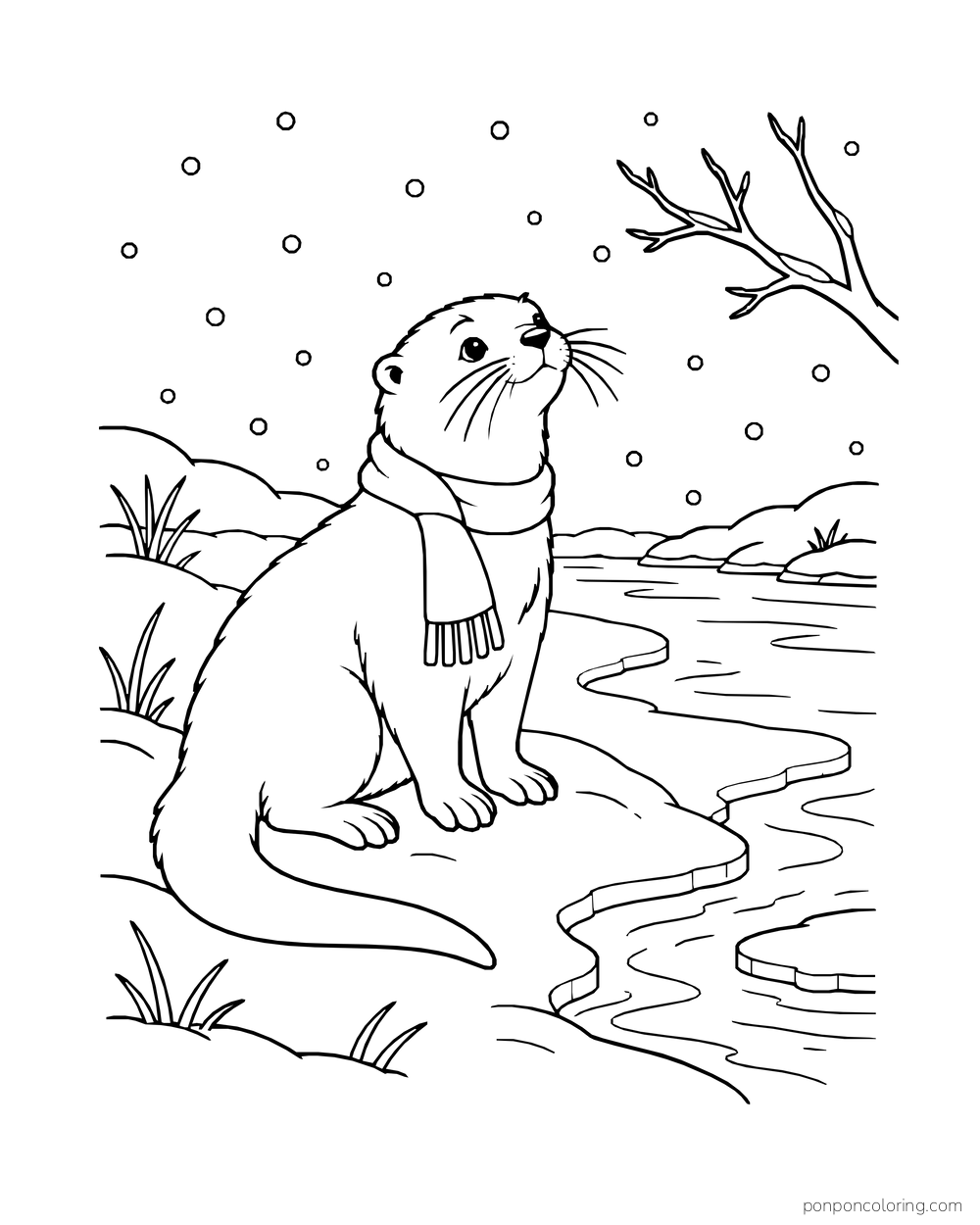 Scarf-wearing otter sitting beside a winter stream under falling snow.
