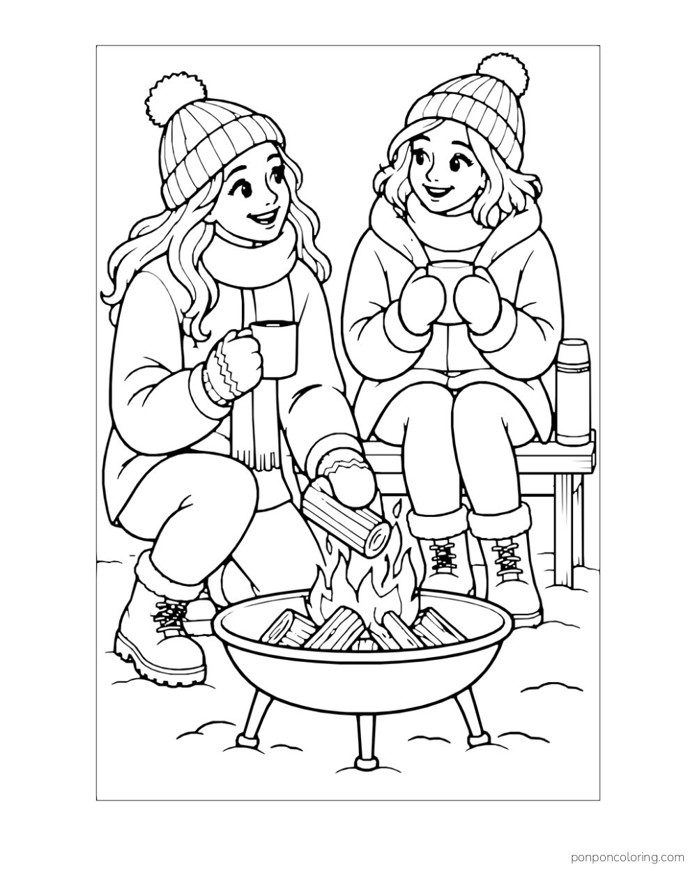 Two friends in hats hold cups beside a small outdoor fire pit.