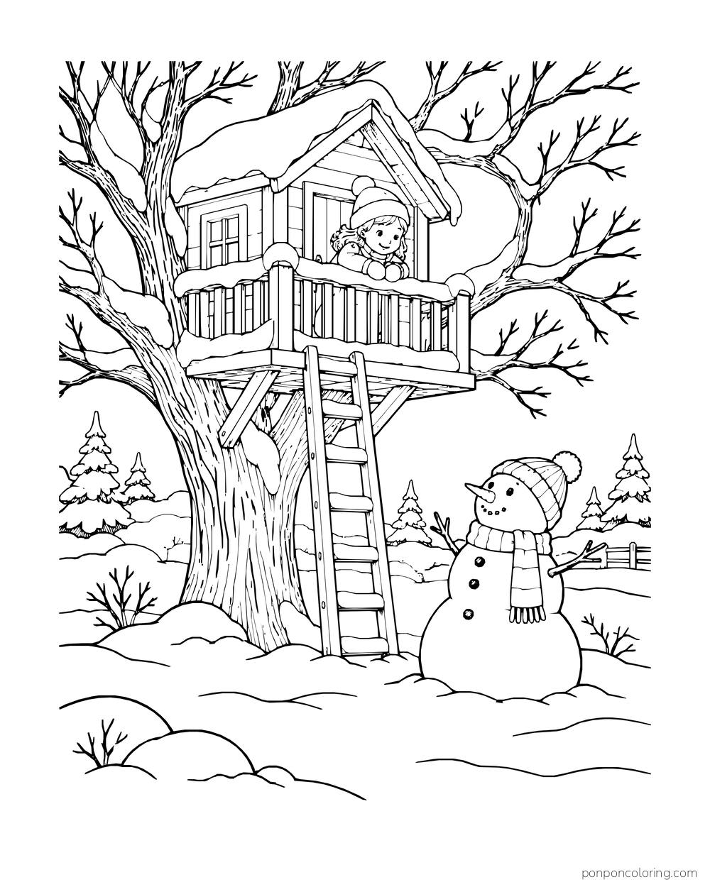 A small figure in a winter hat stands on a snow-covered treehouse balcony above a snowman.