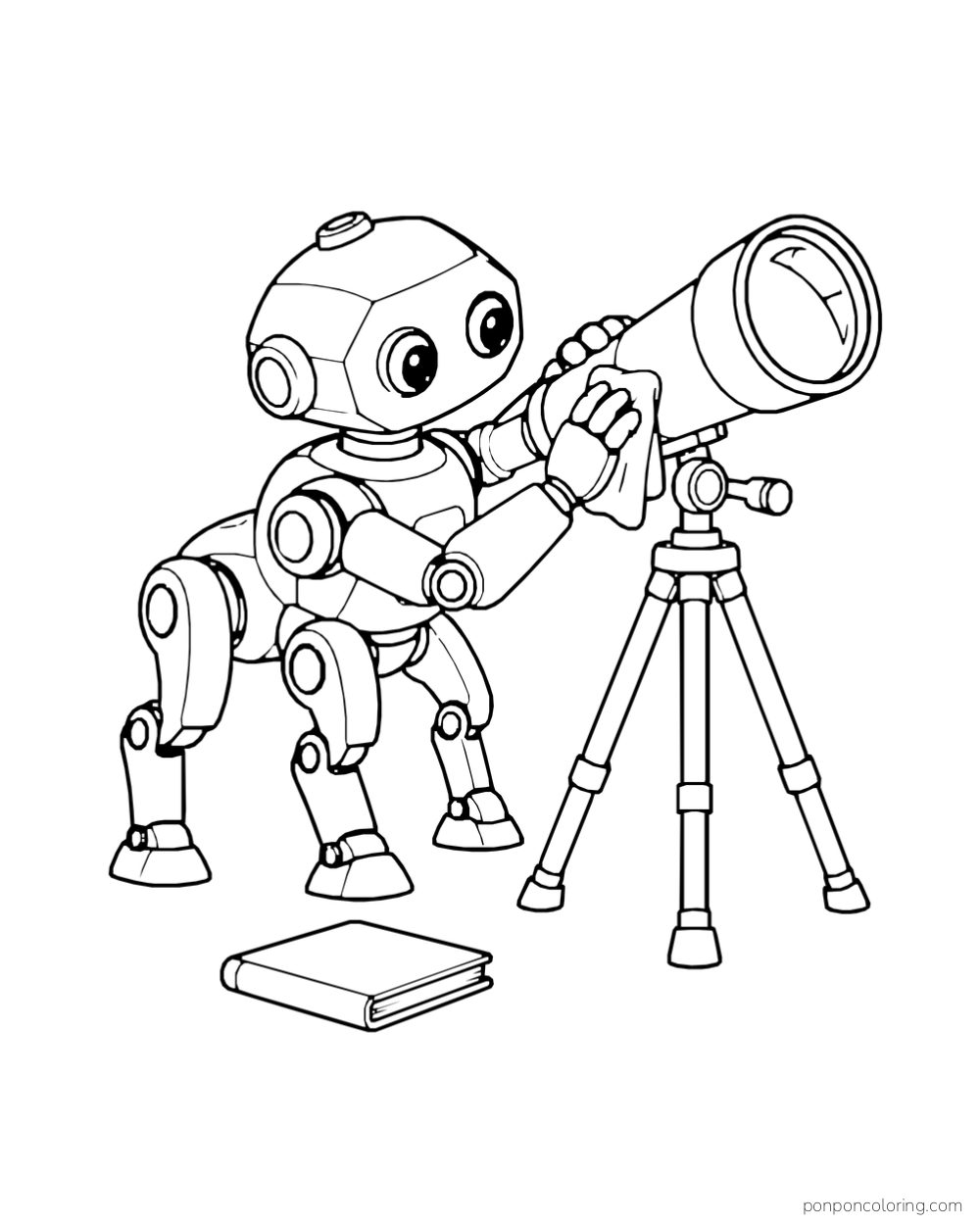 A four-legged robot wipes the telescope barrel near its eyepiece.