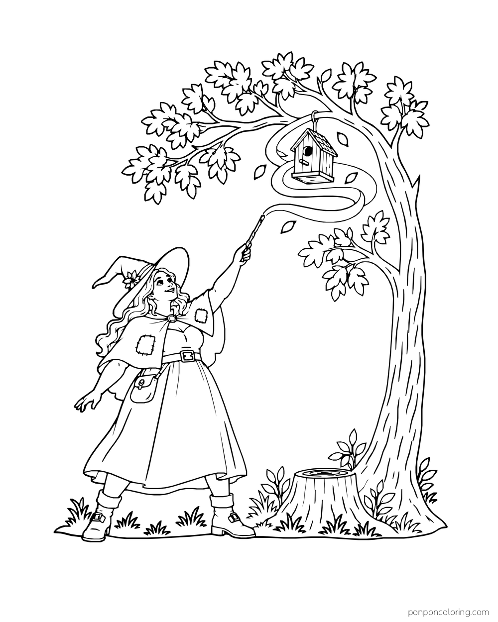 A witch lifts a small birdhouse toward an oak tree on a curling spell trail.