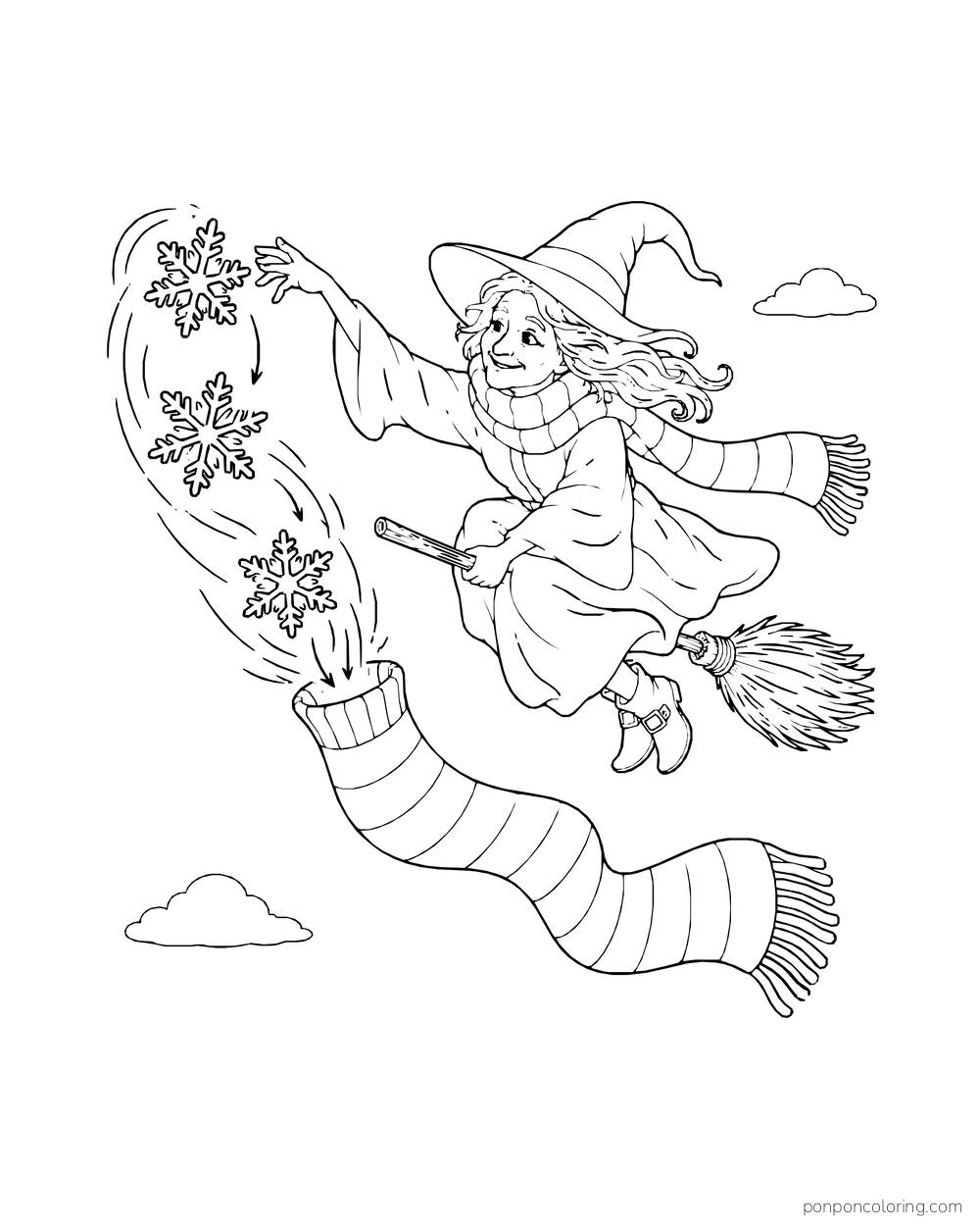A bundled witch on a broom sends three large snowflakes toward a striped scarf.