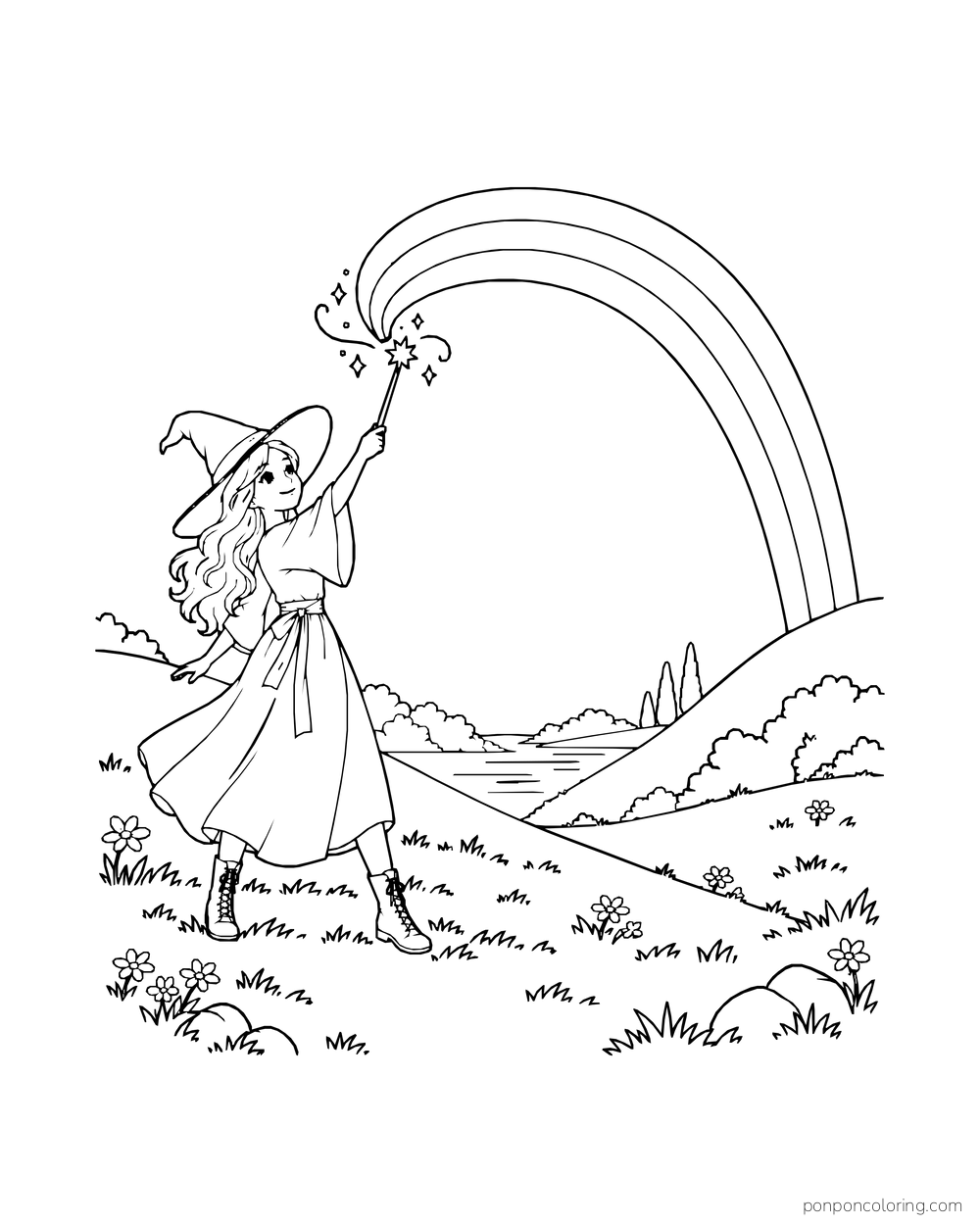 A witch draws a broad rainbow over a valley with her raised wand.