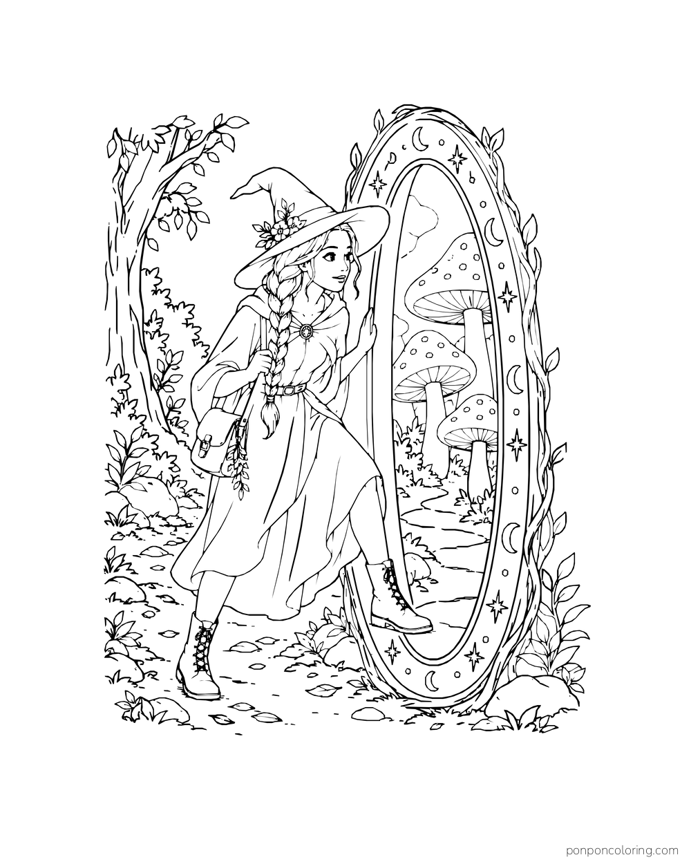 A witch steps toward a tall mushroom-framed portal with a woodland path beyond.