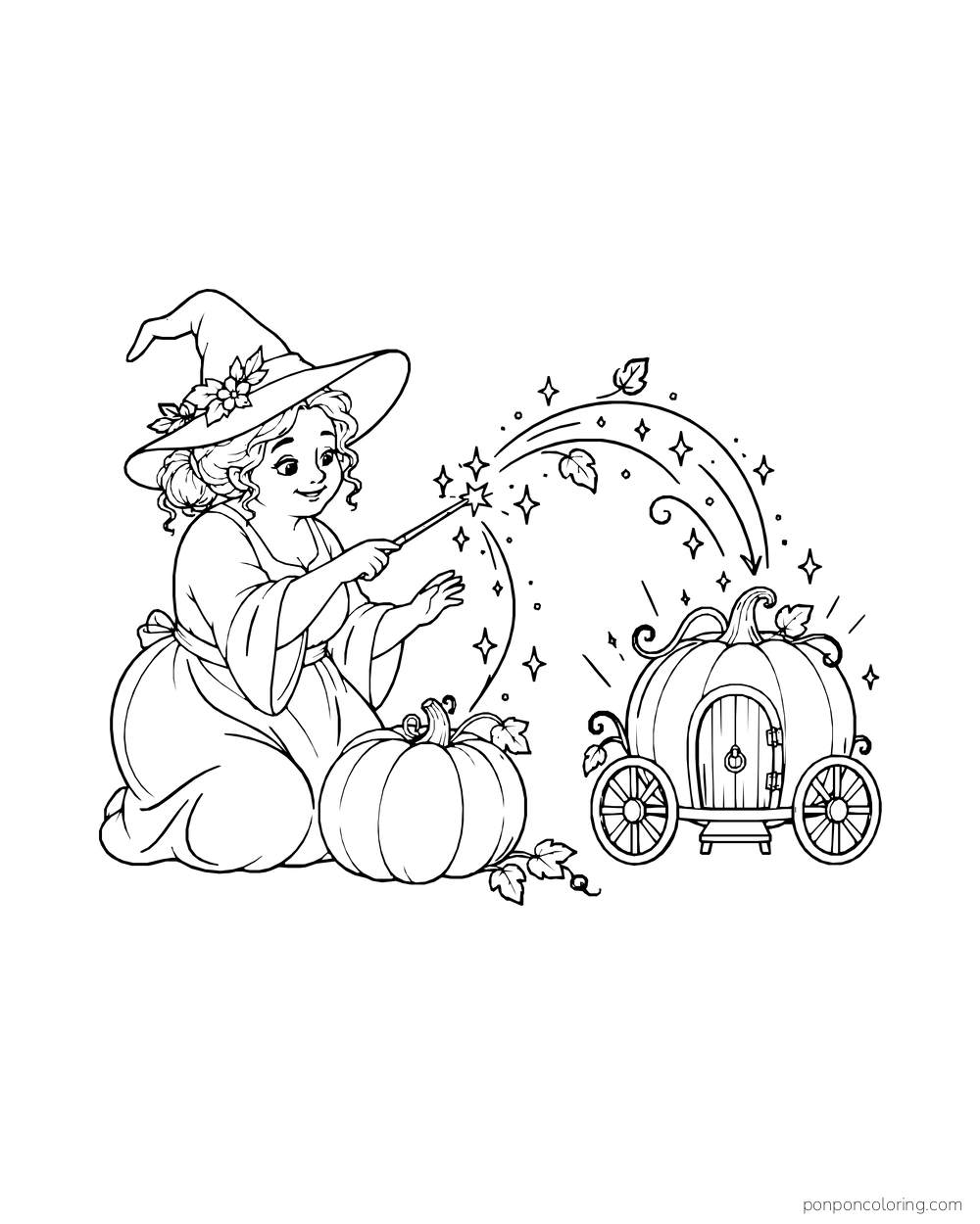 A kneeling witch changes a pumpkin into a tiny carriage with a curved spell.