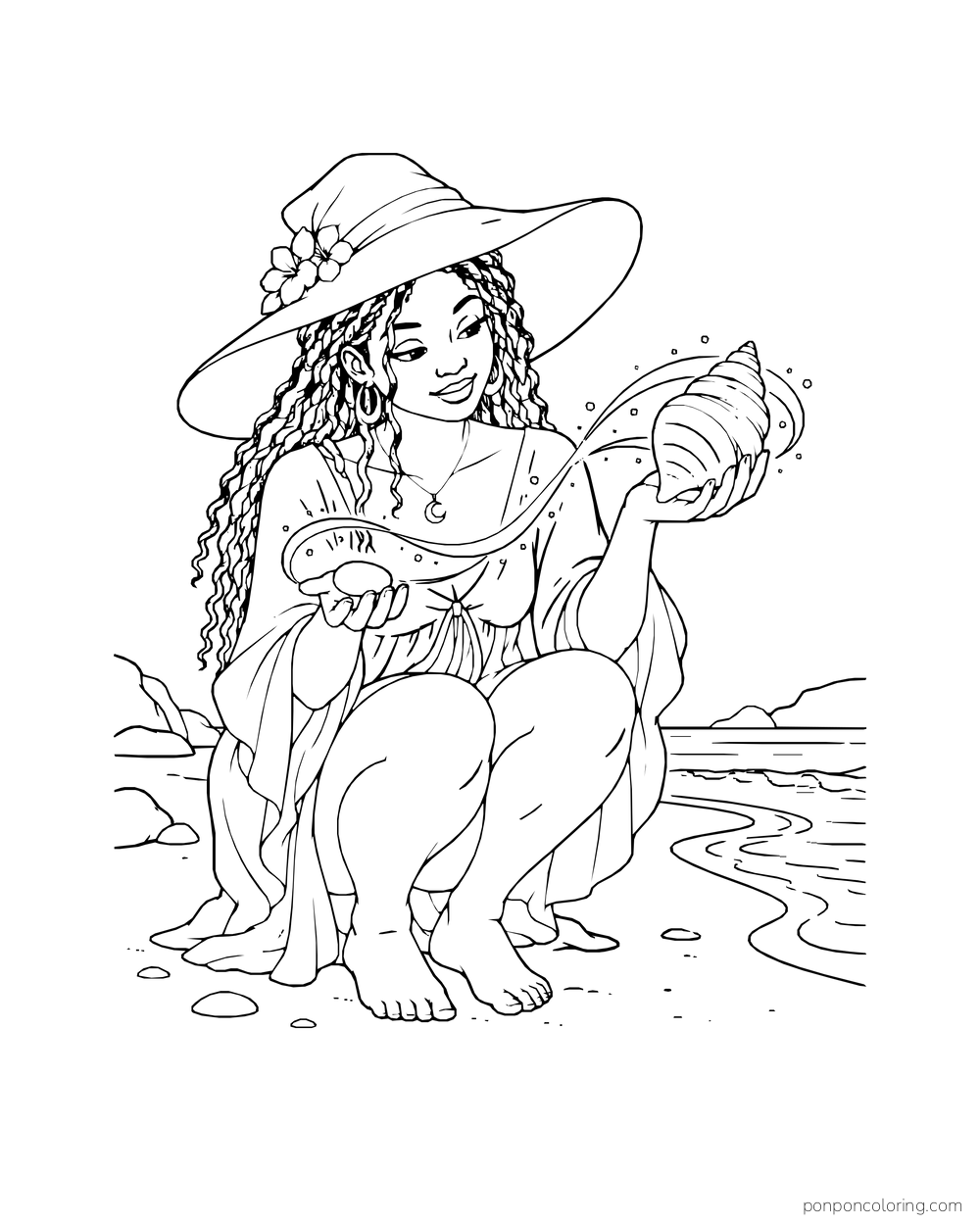 A witch kneels by the shore and lifts a shell with a ribbon of magic.