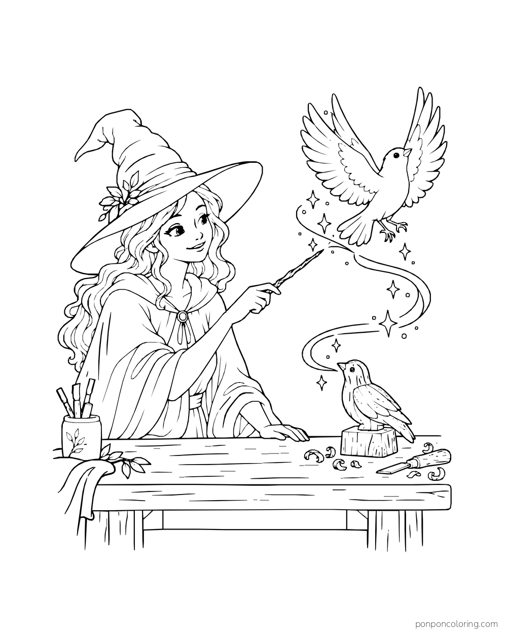 A witch at a worktable sends a wooden bird into flight with her wand.
