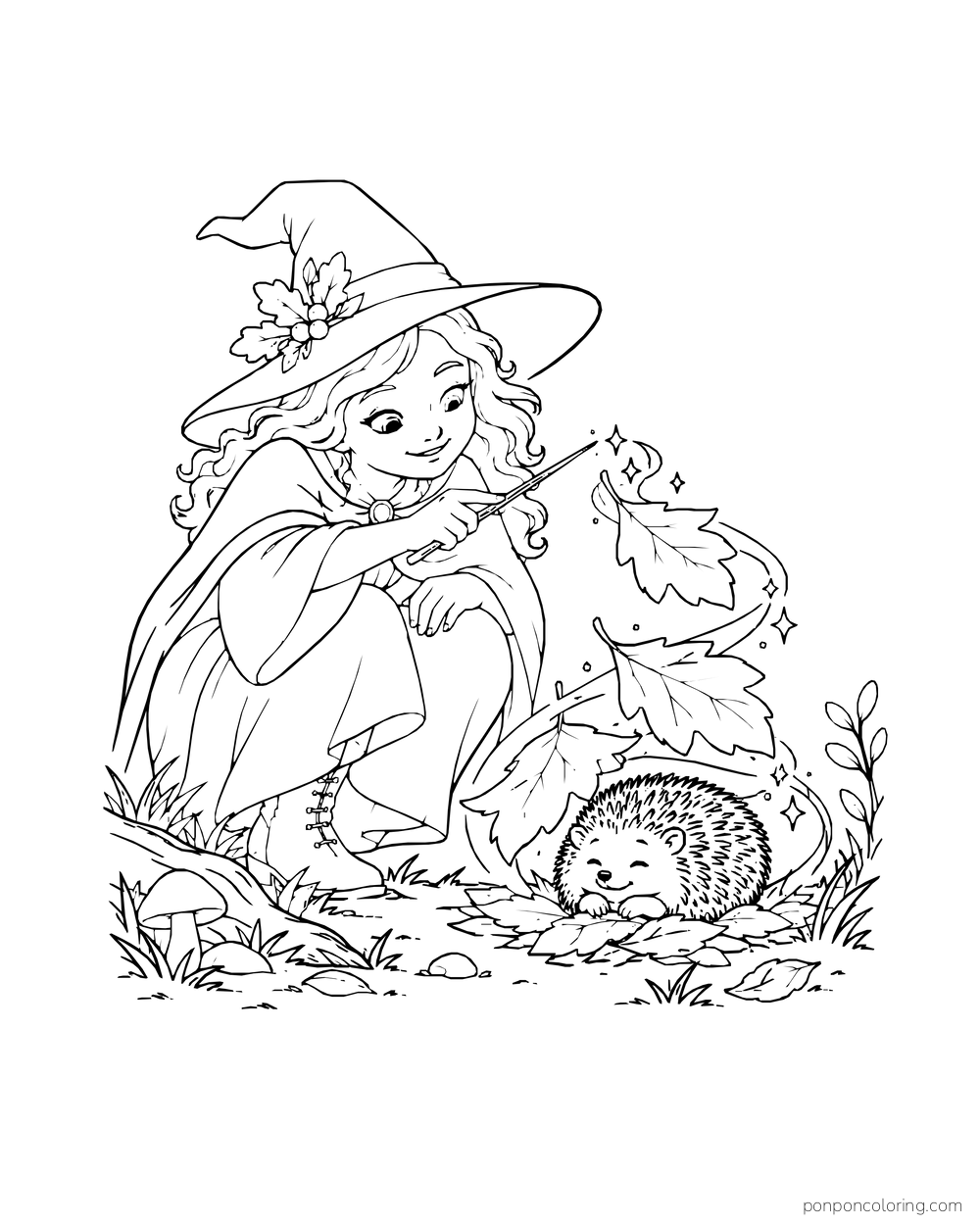 A crouching witch lifts autumn leaves above a curled hedgehog.