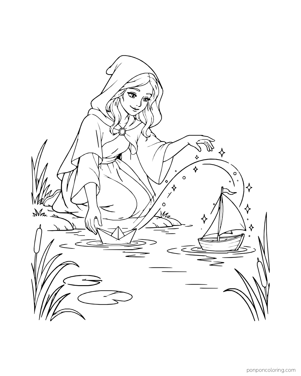 A hooded witch turns a paper boat into a sailboat across a pond.