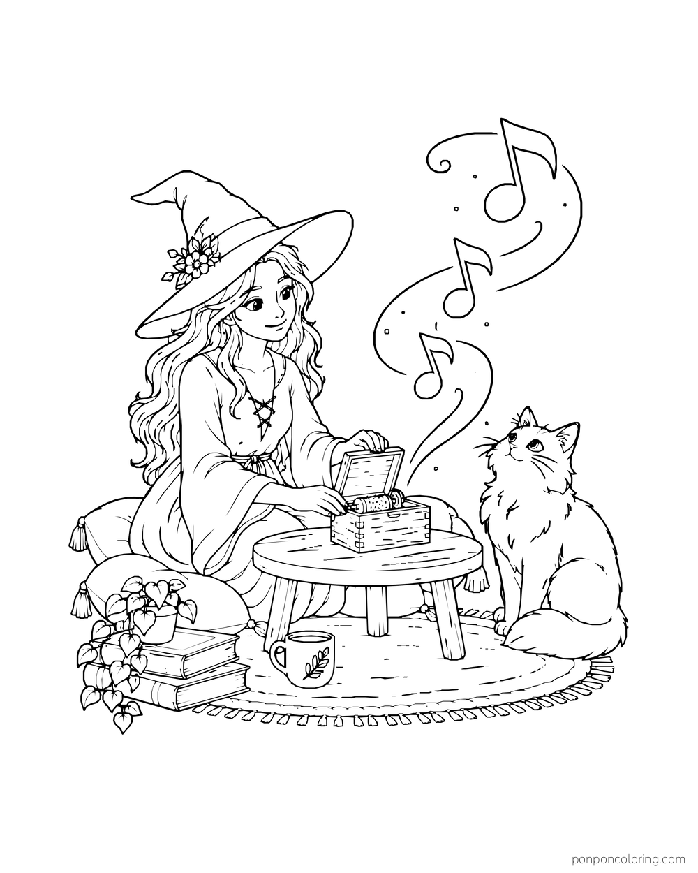 A seated witch opens a music box as notes float toward her cat.