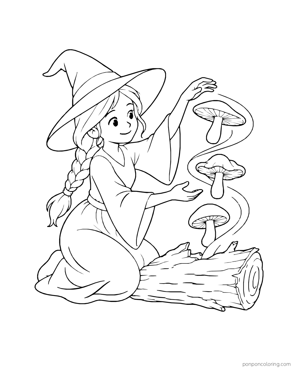 A kneeling witch raises three mushrooms above a fallen log.