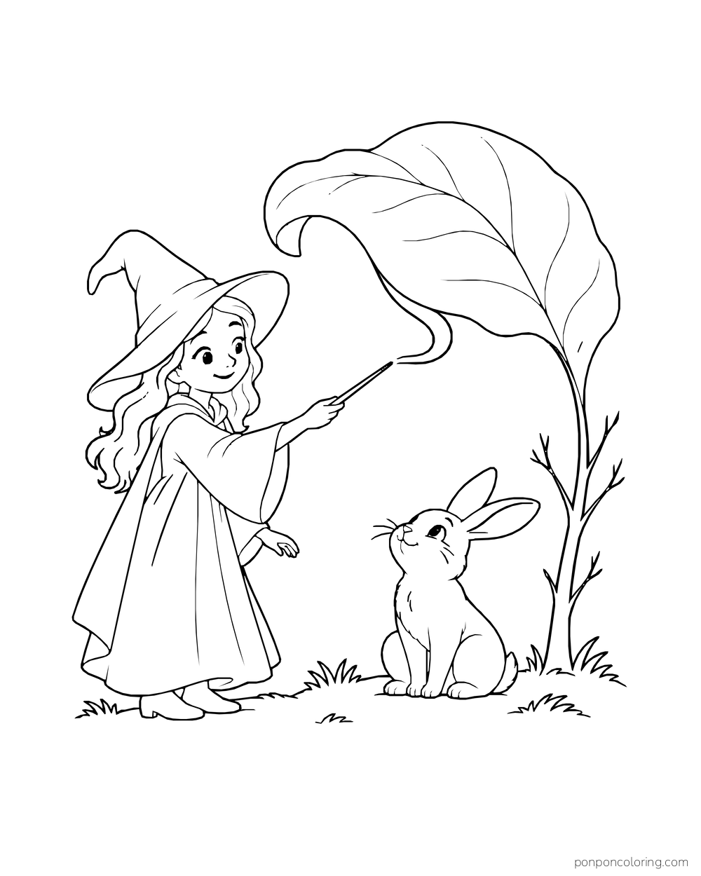 A witch unfurls one giant leaf above a rabbit like a canopy.