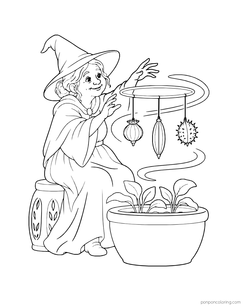 An older witch suspends three seedpods from a spinning ring above a planter.