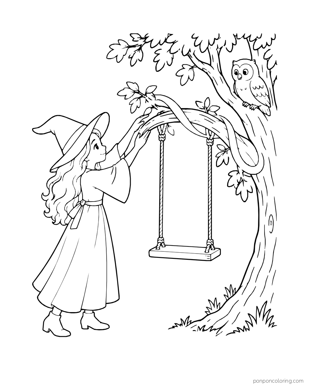 A witch bends a tree branch into a swing while an owl watches.
