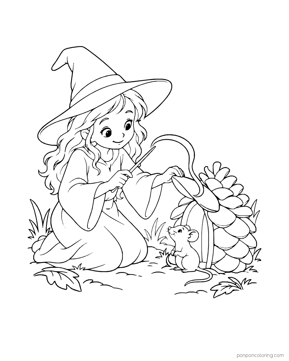 A witch opens a giant pinecone beside a waiting mouse.