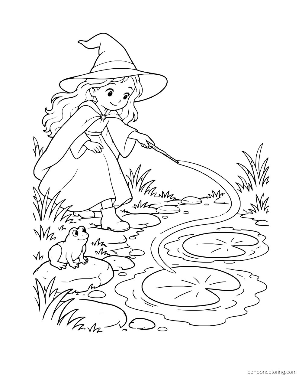 A witch changes puddles into lily pads as a frog watches.