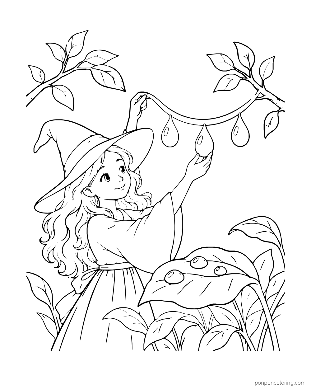 A witch strings three dewdrops between two leafy branches.
