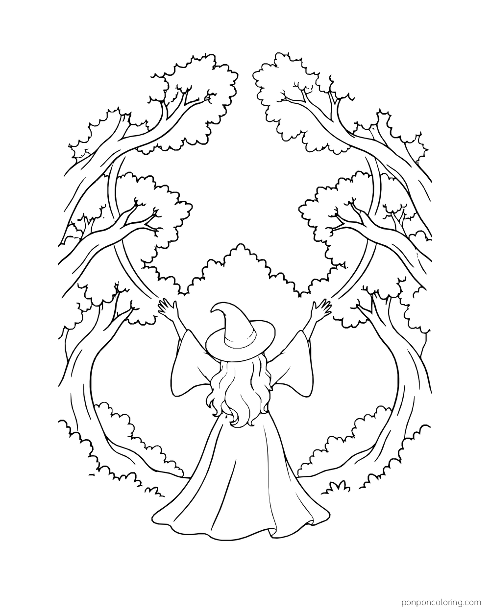 A witch raises both arms beneath a round opening formed by bending trees.