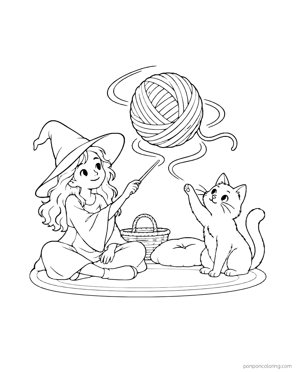 A witch and cat lift a giant yarn ball above a rug.