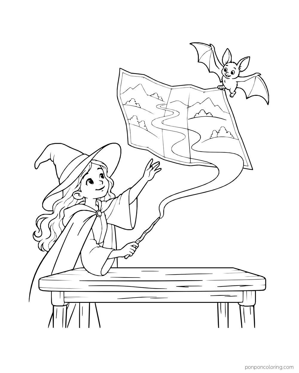A witch lifts a folded map into the air while a bat holds its corner.