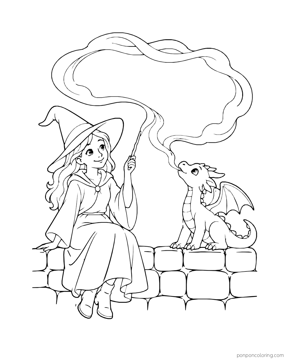 A witch and a dragon hatchling weave a large magic loop together.