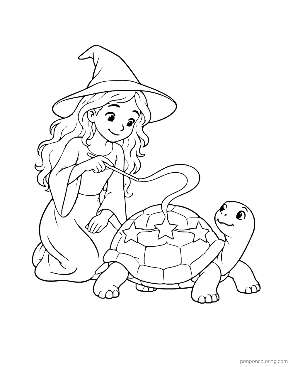 A witch draws three stars across a tortoise's shell.