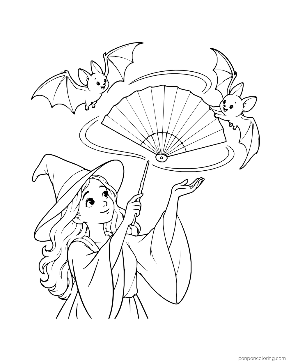 Two bats circle a floating paper fan above a witch.
