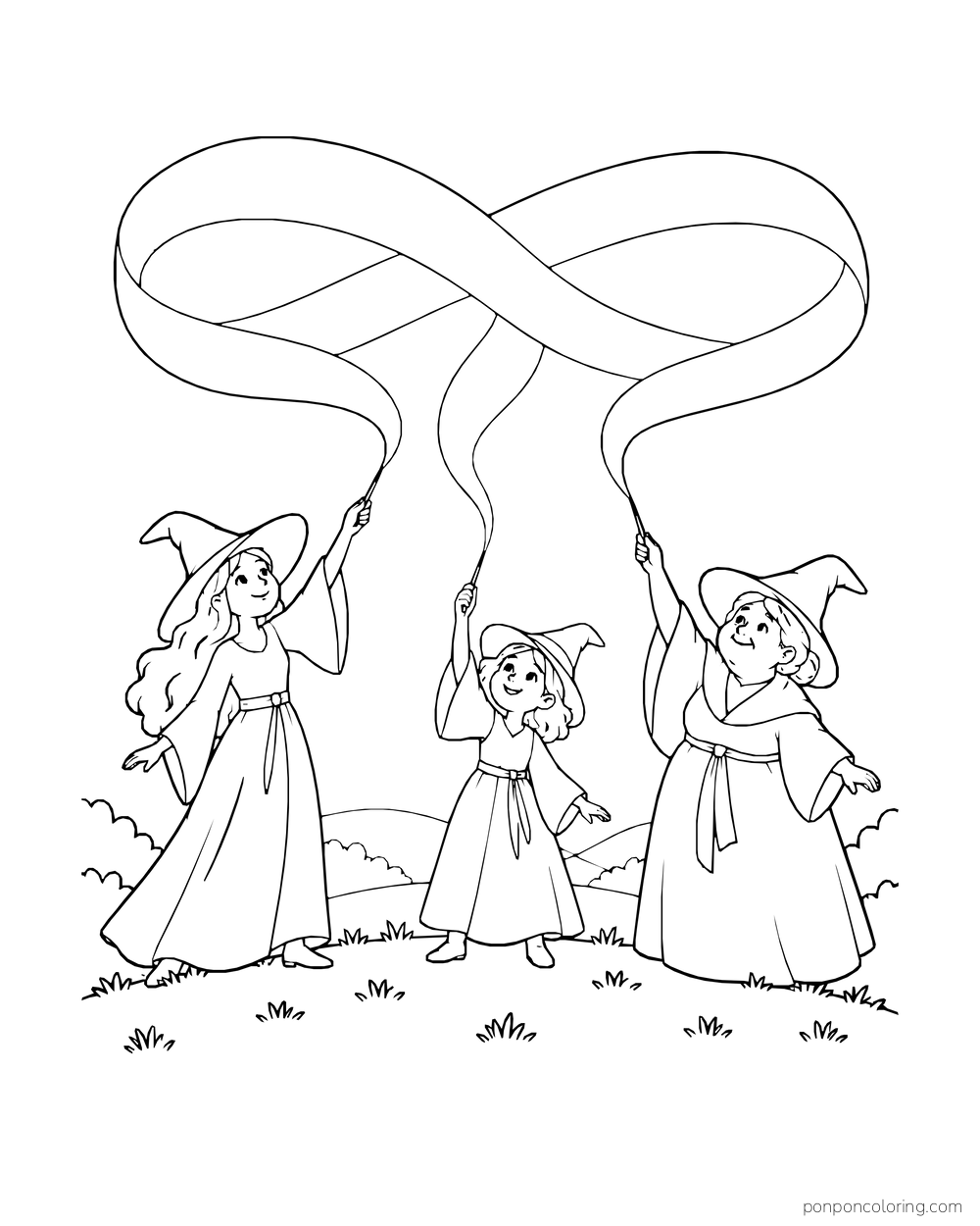 Three witches raise their wands toward interlaced ribbons above a hill.