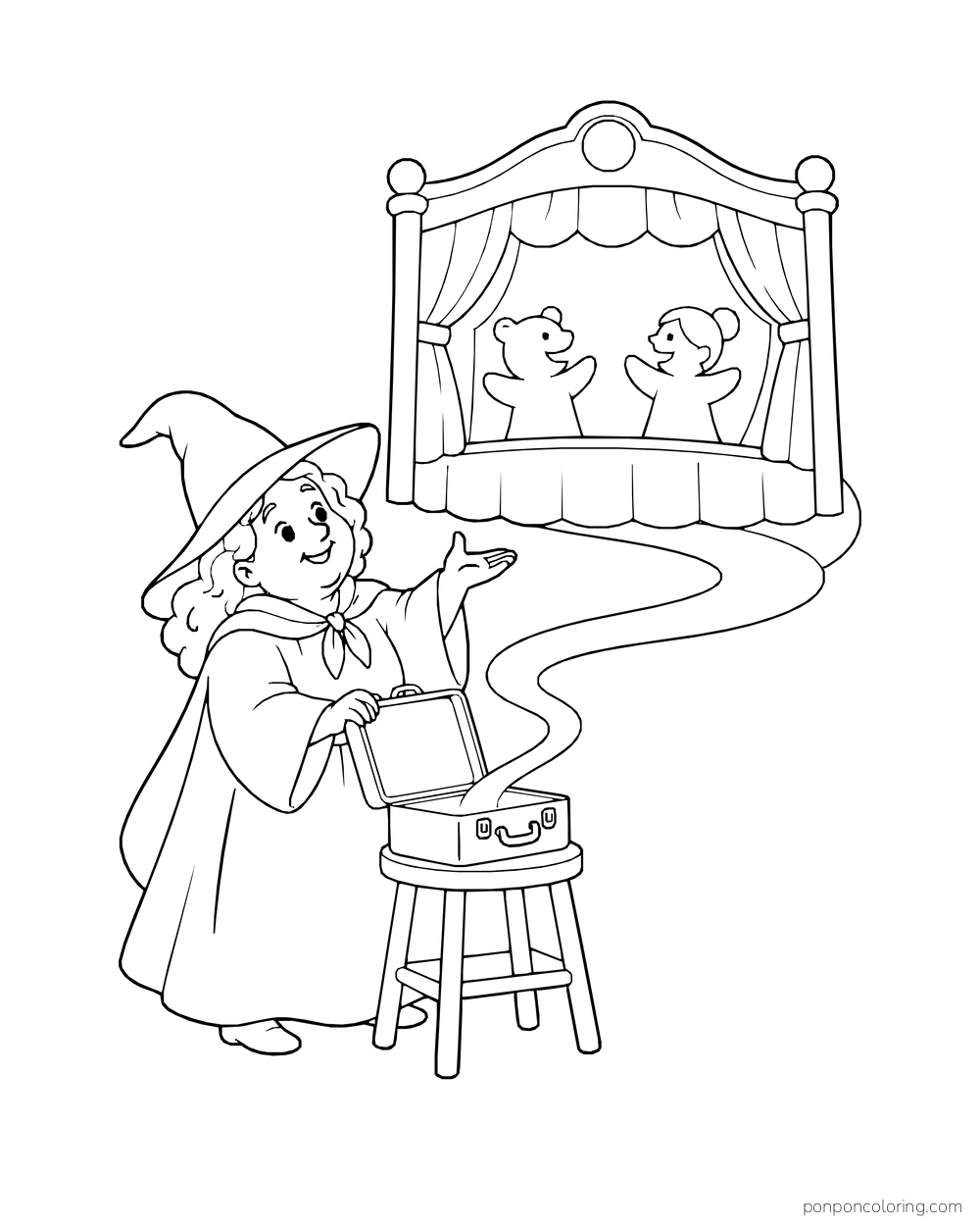 A witch opens a suitcase as a puppet theater rises above it.