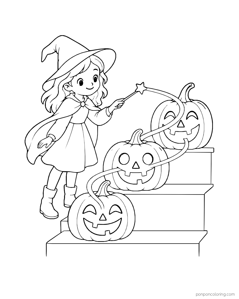 A young witch lights three carved pumpkins on steps with her wand.