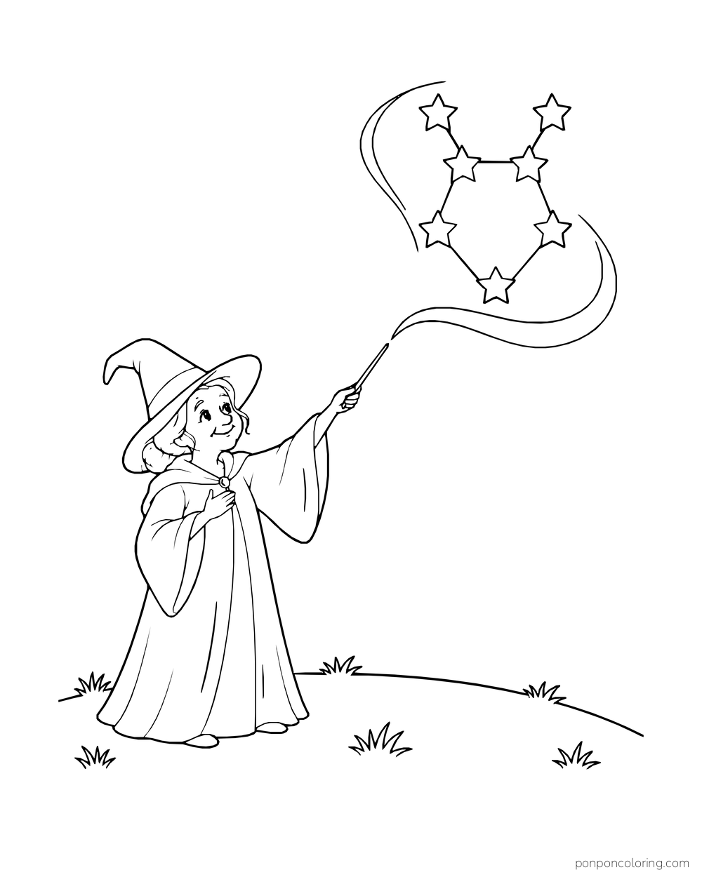 An older witch points toward seven stars linked in an owl-like shape.