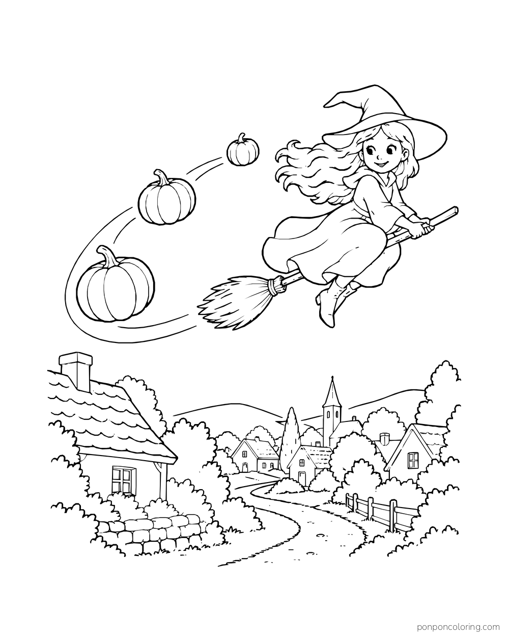 A witch flies above village rooftops with three pumpkins floating behind her.