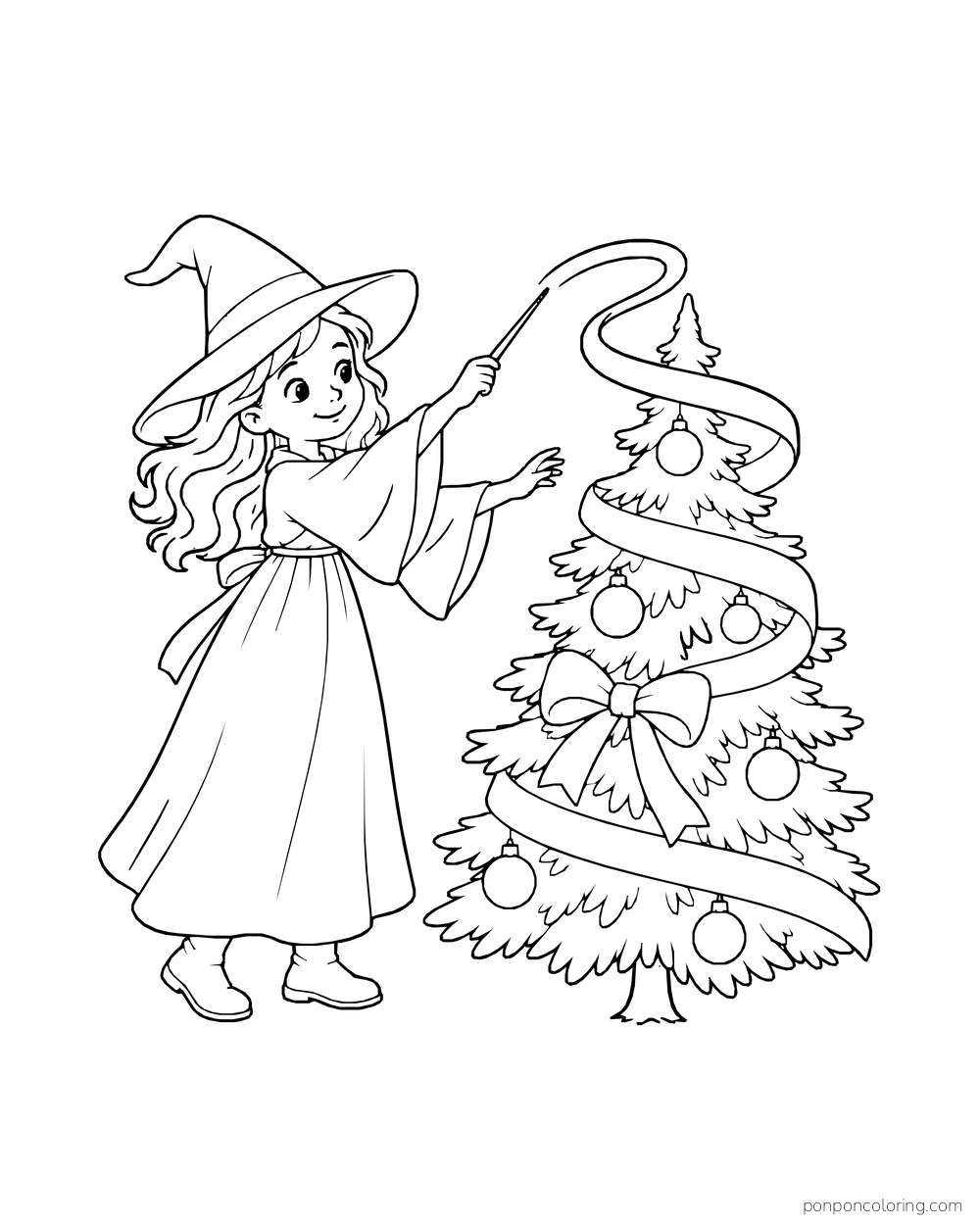 A witch wraps broad magic ribbons around a decorated evergreen.
