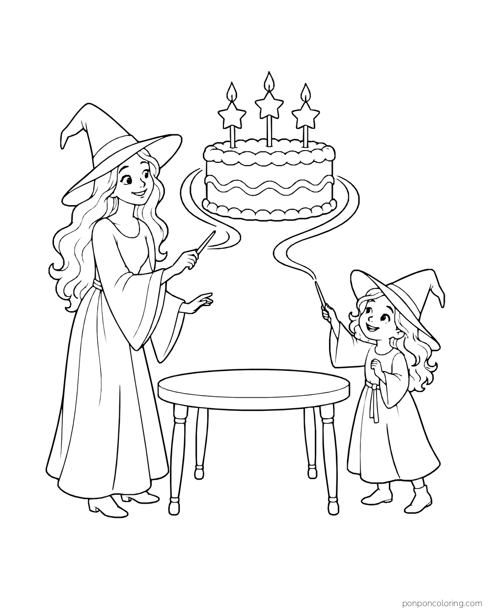 An adult witch and a child witch lift a decorated cake above a table.