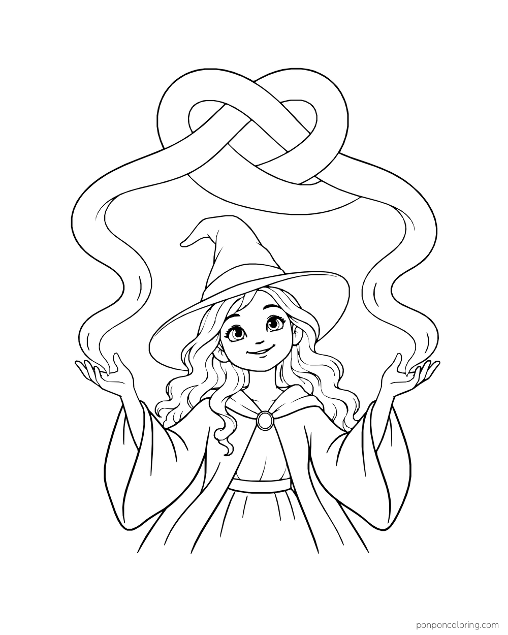 A witch raises both hands beneath two ribbons woven into a knot.