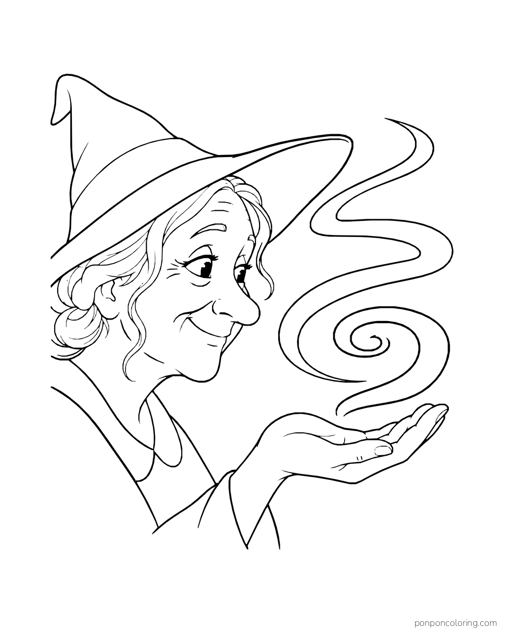 An older witch smiles at a three-turn spiral floating above her palm.