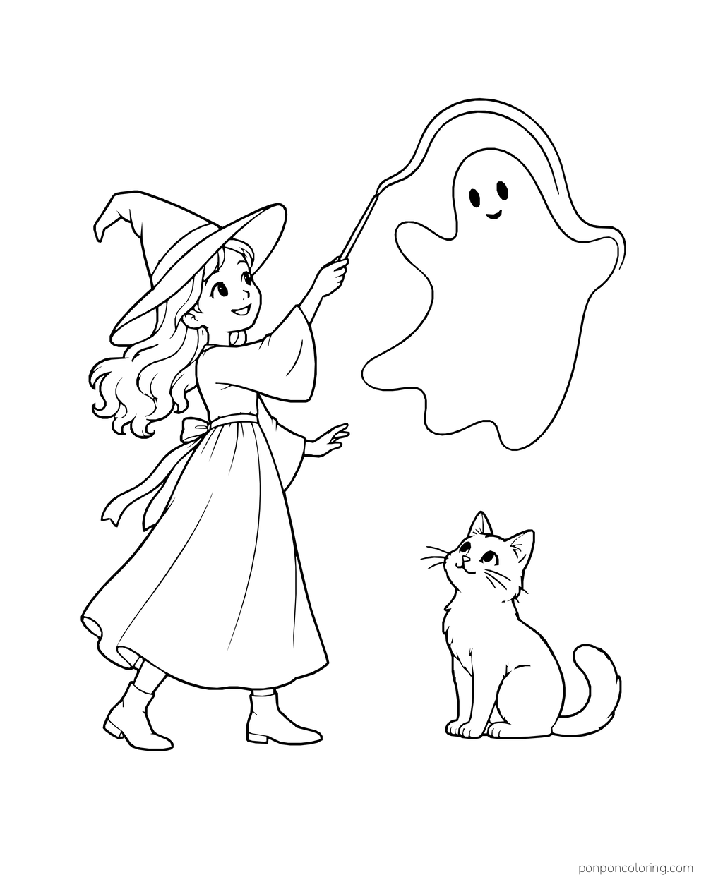 A young witch draws a friendly ghost outline while a cat watches.