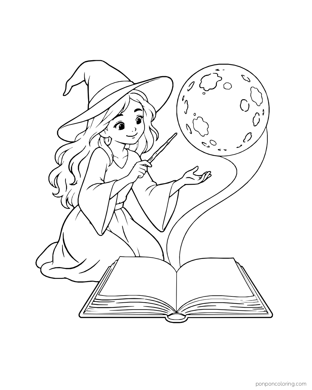 A witch lifts a round moon from the pages of an open spellbook.