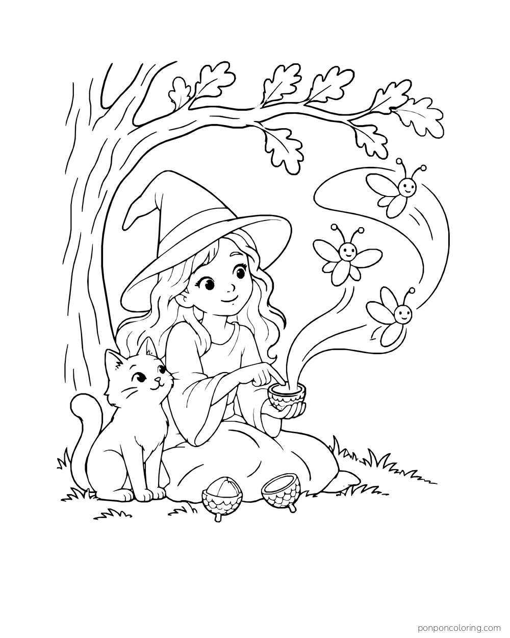 A witch and cat sit beneath an oak branch as three fireflies emerge from acorn caps.