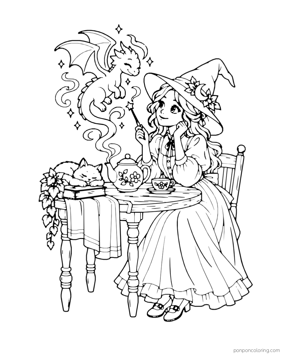 A seated witch raises a wand over a teapot as a little dragon curls above it, with a cat nearby.