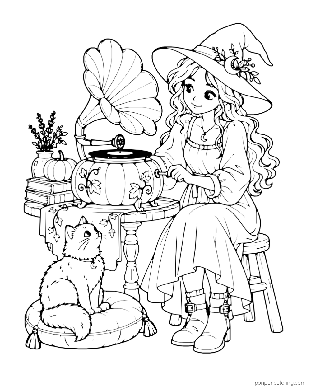 A witch turns the crank of a pumpkin gramophone while a cat listens on a cushion.