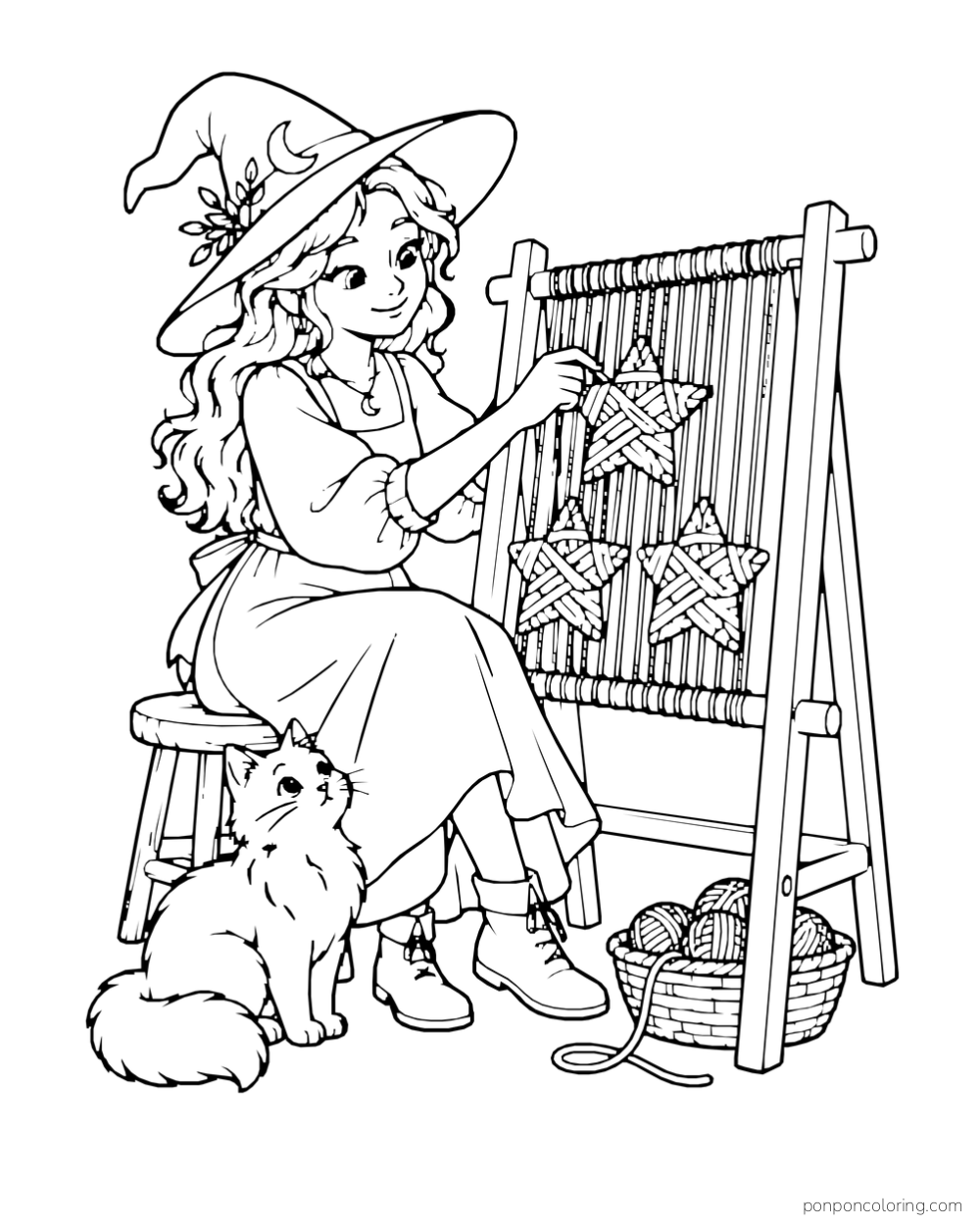 A witch weaves stars at a wooden loom beside a cat and a basket of yarn.