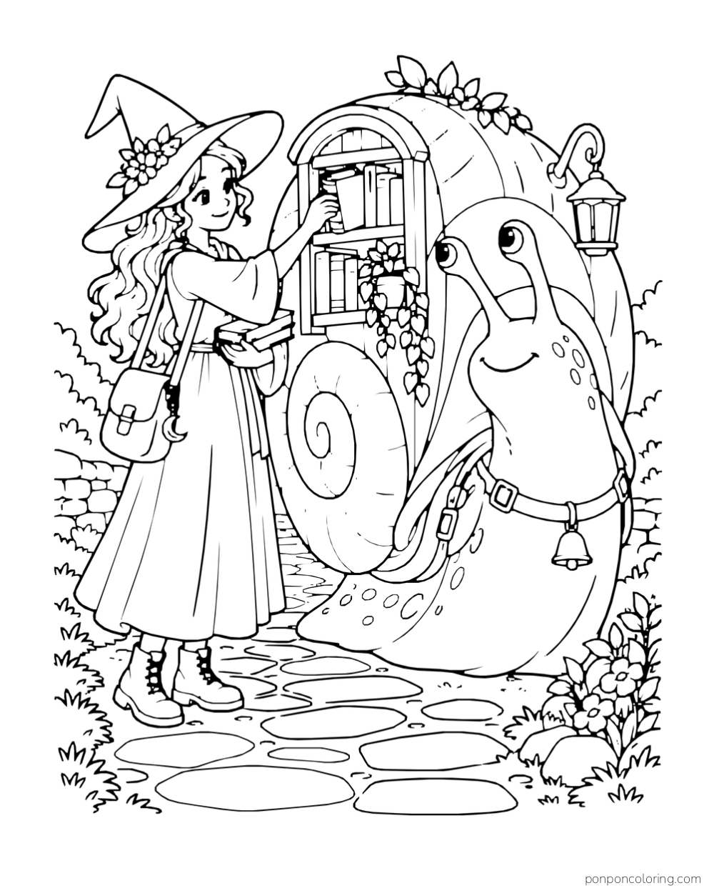 A witch places a book on shelves built into a giant snail shell.
