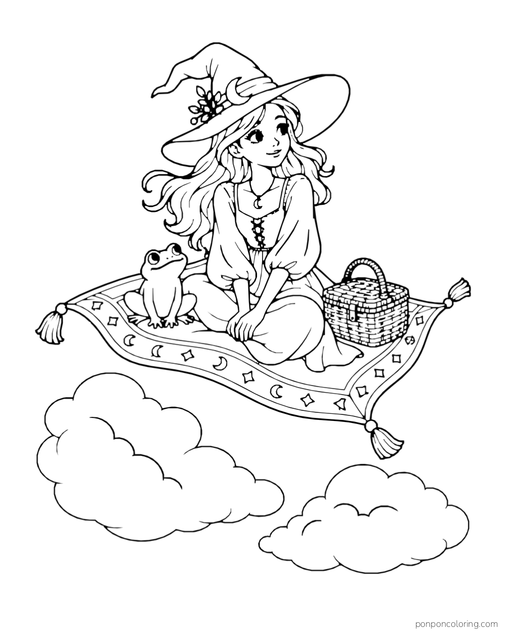 A witch and frog sit on a picnic blanket floating among clouds with a basket.