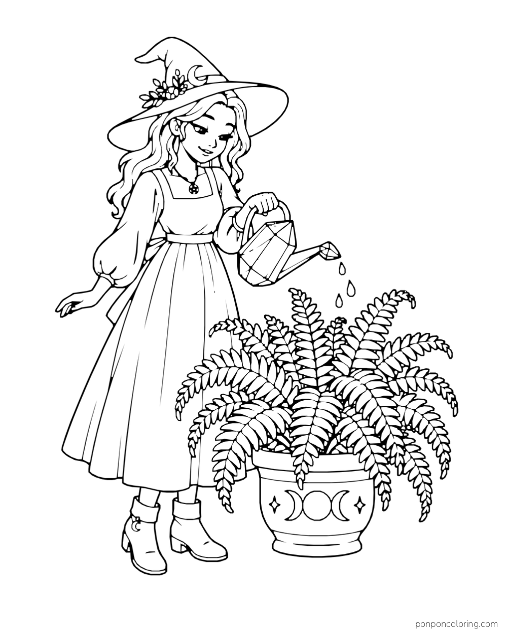A witch waters a fern with a crystal-shaped watering can.