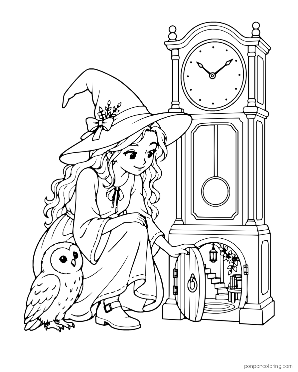 A kneeling witch opens a small door in a grandfather clock while an owl watches.