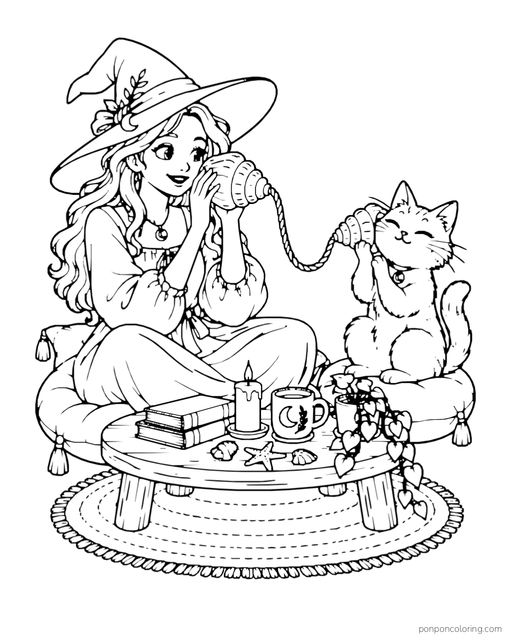 A witch and cat use two shell telephones joined by a cord across a low table.
