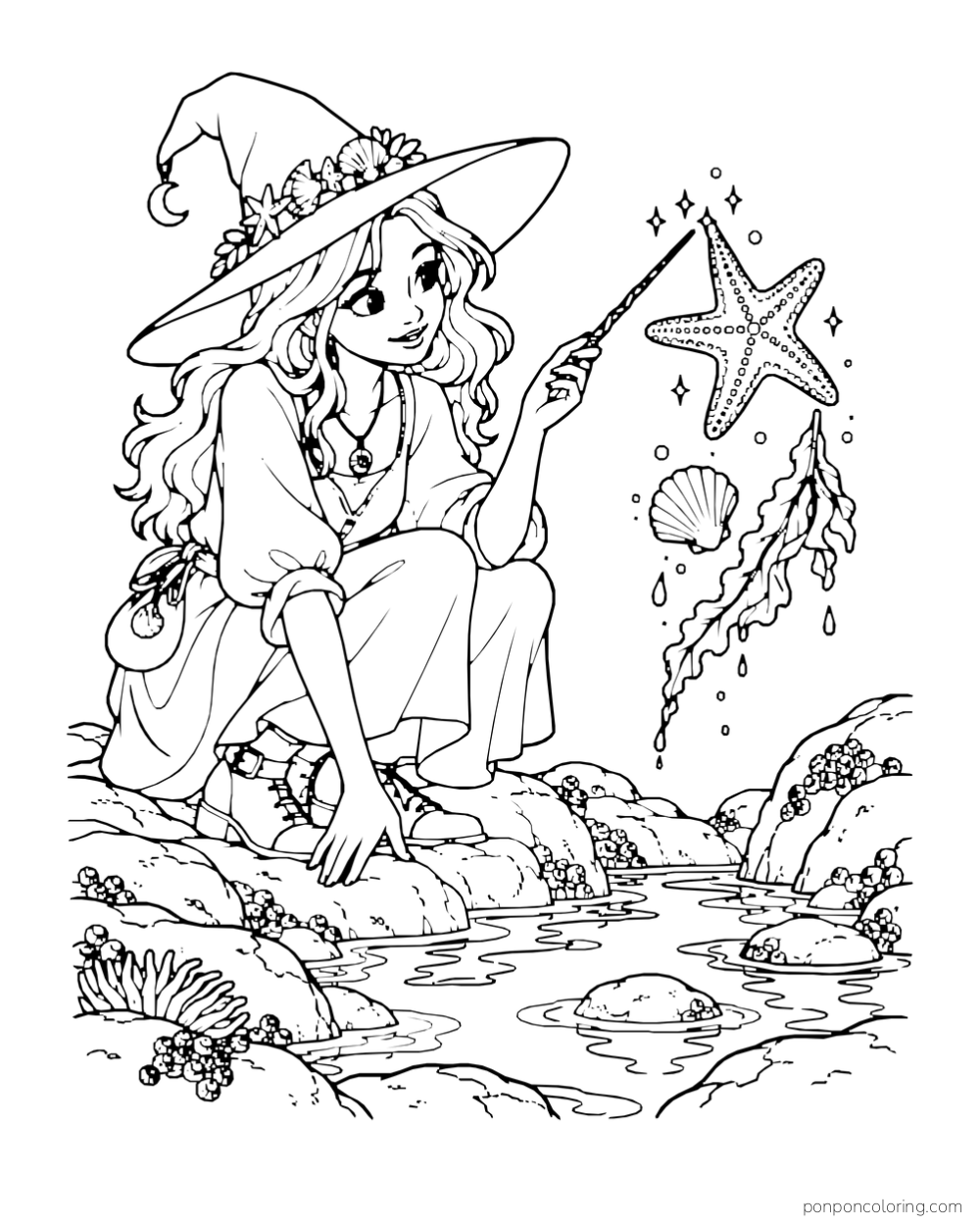 A witch points her wand toward a floating starfish beside shells and seaweed at the shore.