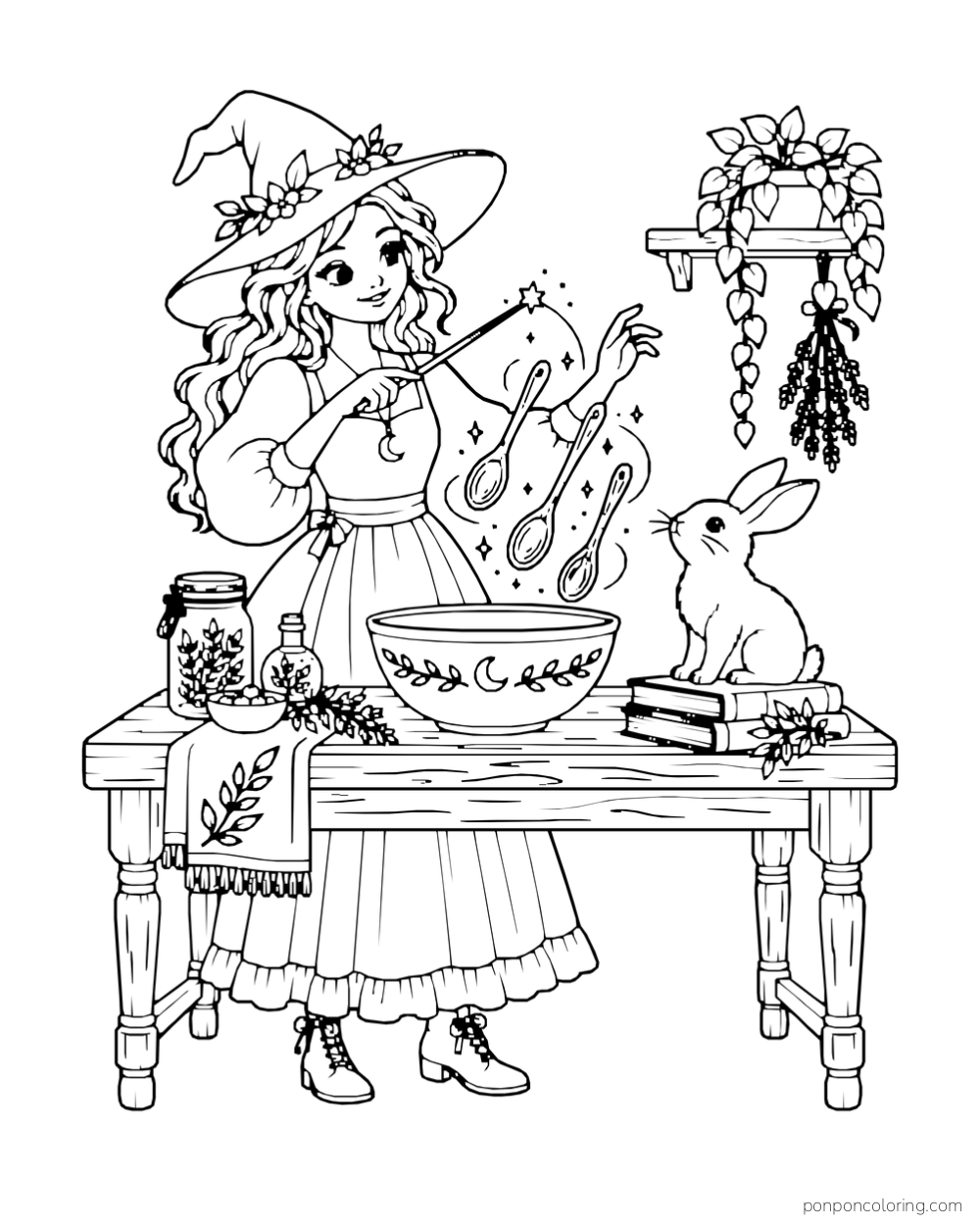 A witch lifts three wooden spoons above a mixing bowl while a rabbit sits by books beside the table.